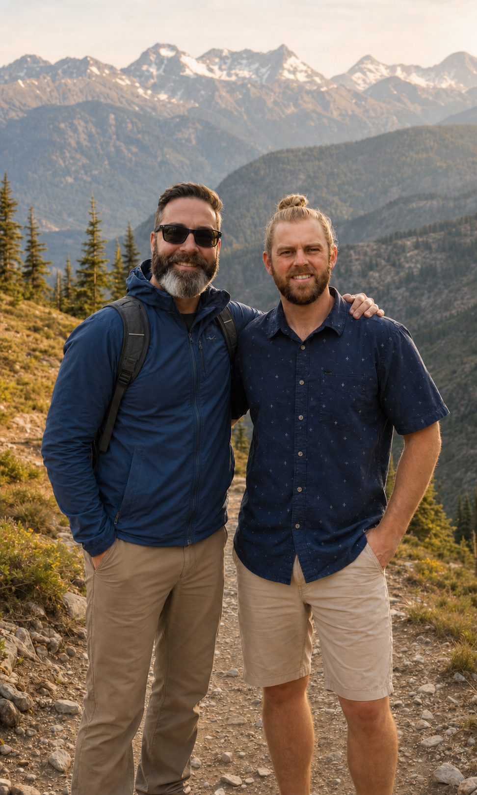 Kyle and Andrew together on a mountain hiking trail