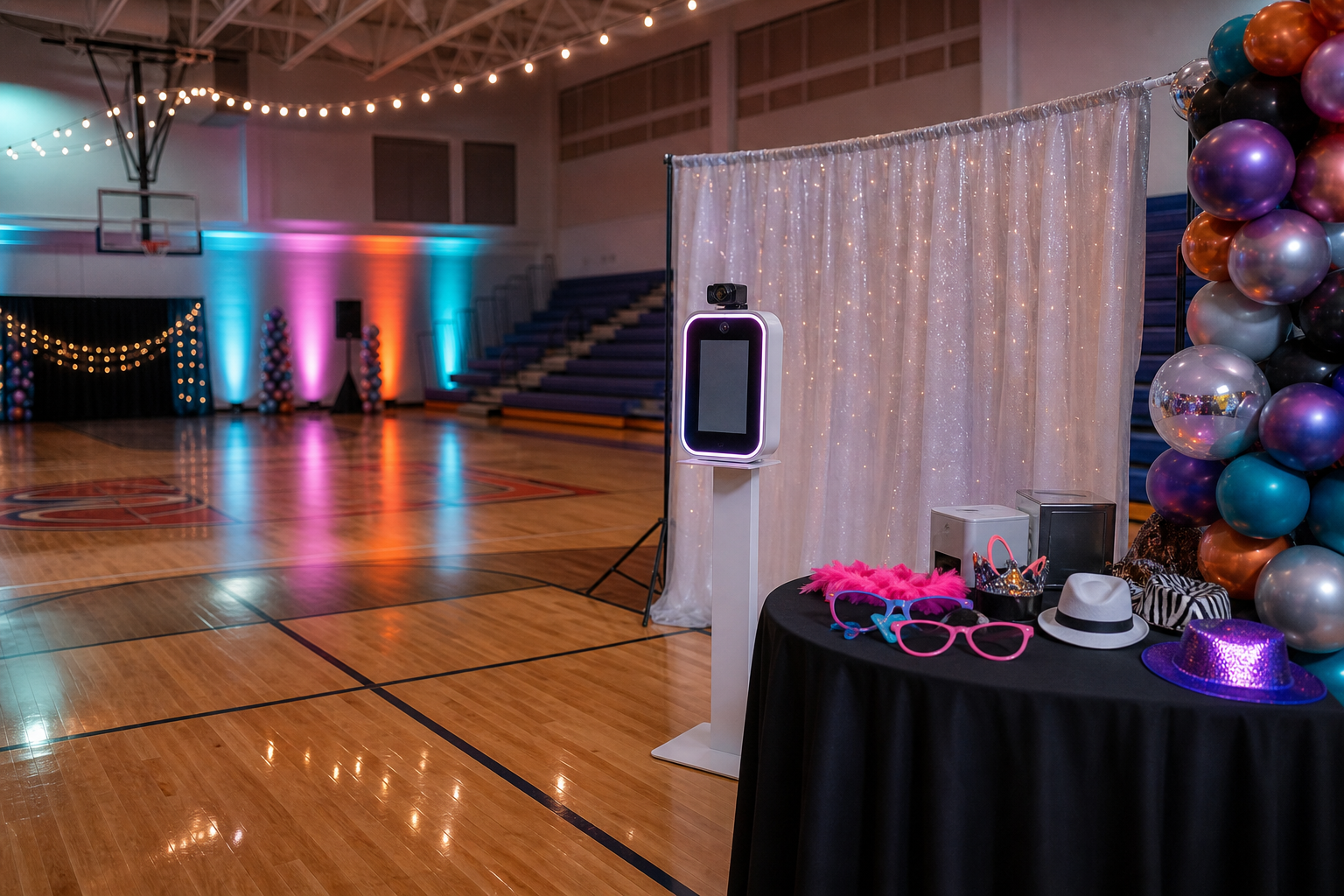 Concept image of a photo booth set up for a high-school dance in a decorated gymnasium