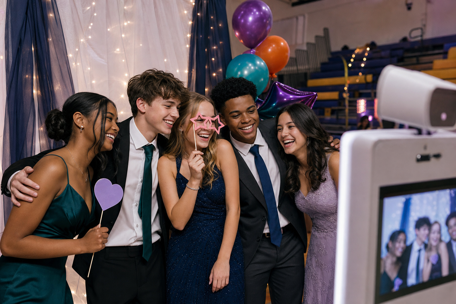 Concept image of high-school students enjoying a photo booth at a school dance