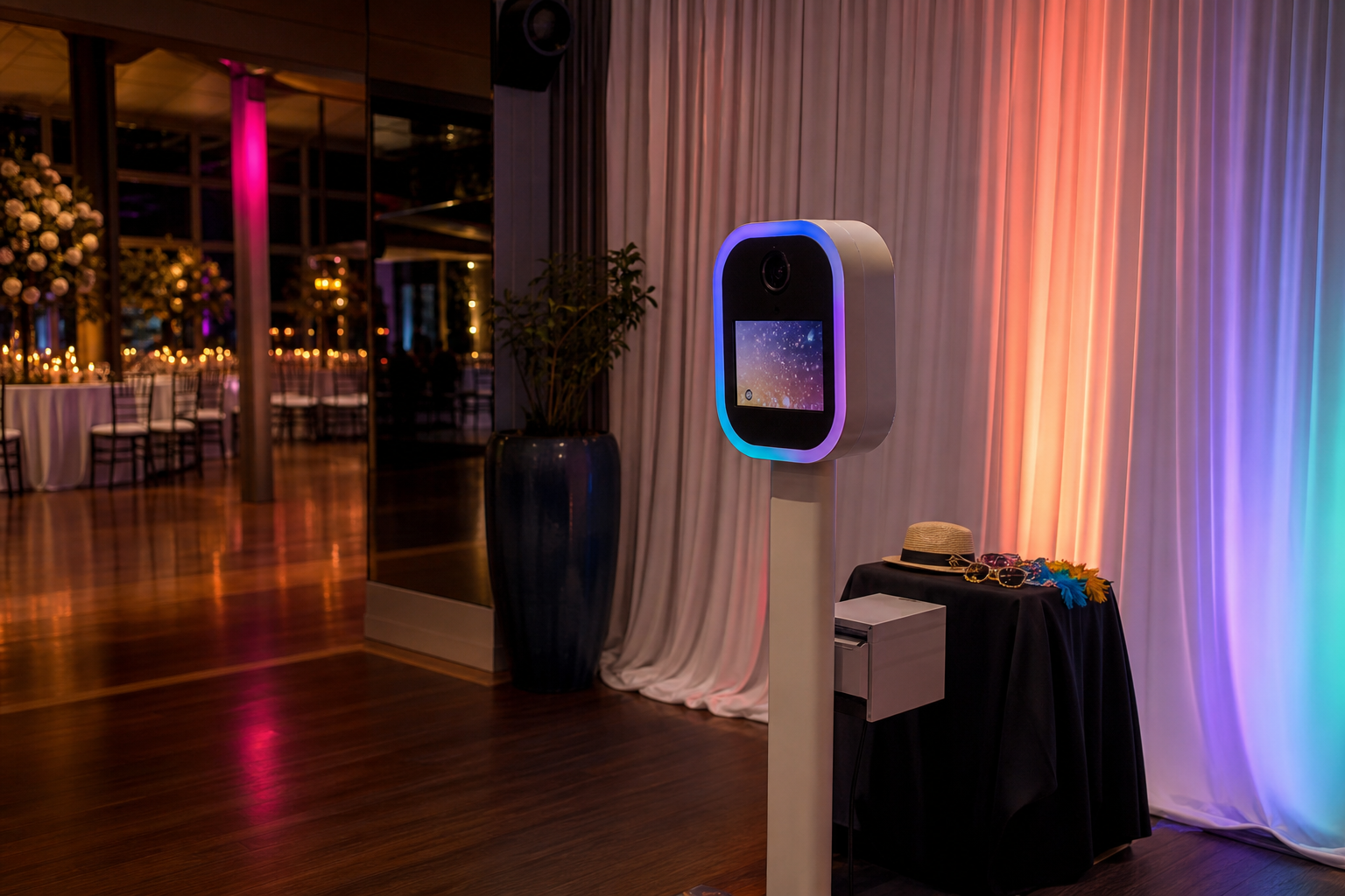 Concept image of a modern open-air photo booth at an evening event